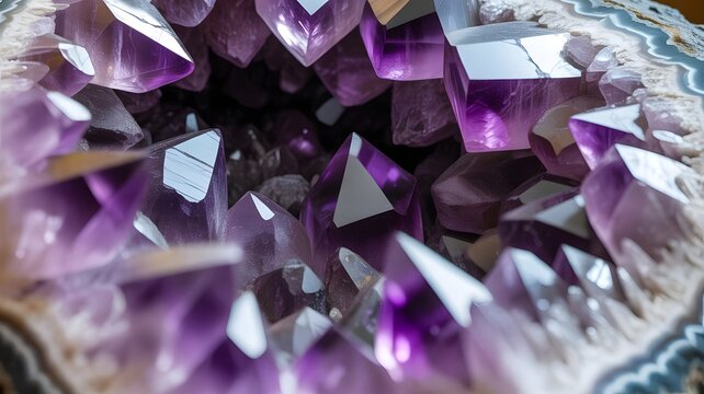 Close-up of a vibrant purple amethyst geode with sparkling crystal formations and natural rock texture, ideal for spiritual, luxury, or geological themes