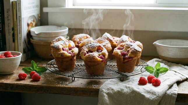 Warm, Freshly Baked Raspberry Popovers Cooling on a Wire Rack, Emanating Delicious Steam