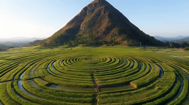 Lush green spiral terraces with reflective water lead to a prominent conical mountain