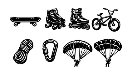 Vector set of sports equipment silhouettes including skateboard bicycle and parachute © Compositor 