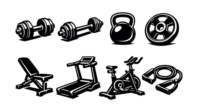 Black and white gym equipment vector set with dumbbells and exercise machines