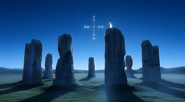 Ancient stone circle, glowing central stone, crescent moon, misty grassy field at nightfall