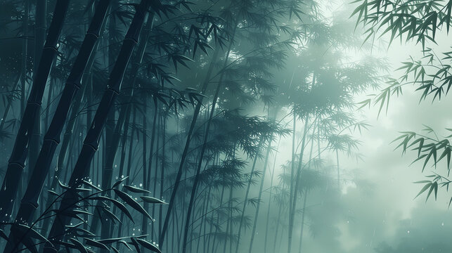 霧に包まれた雨の降る幻想的な竹林の風景イラスト