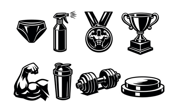 Fitness and bodybuilding vector icon set with medals dumbbells and trophy