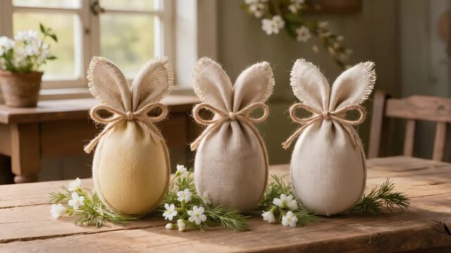 Three linen wrapped Easter eggs styled as bunny ears stand on wooden table with small white flowers, creating cozy rustic spring decoration in warm home interior light