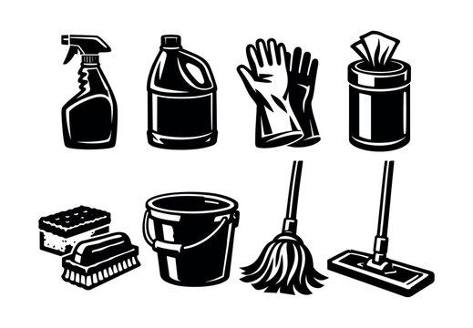 Black and white cleaning tools set including mop gloves and spray bottle