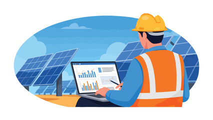 Fototapeta premium Solar Panel Inspection: An engineer meticulously inspects the performance of a solar panel array using a laptop, symbolizing the fusion of technology and sustainability.