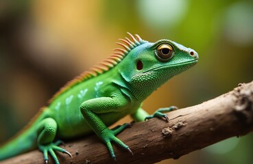 Obraz premium Vibrant green lizard with spiky crest sits on a weathered wood branch. Reptile has textured scales and bright eyes observing its jungle habitat. Detailed macro view of wild animal life.
