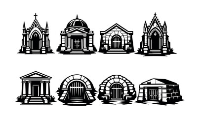 Fototapeta premium Set of eight black and white vector gothic mausoleum and tomb silhouettes