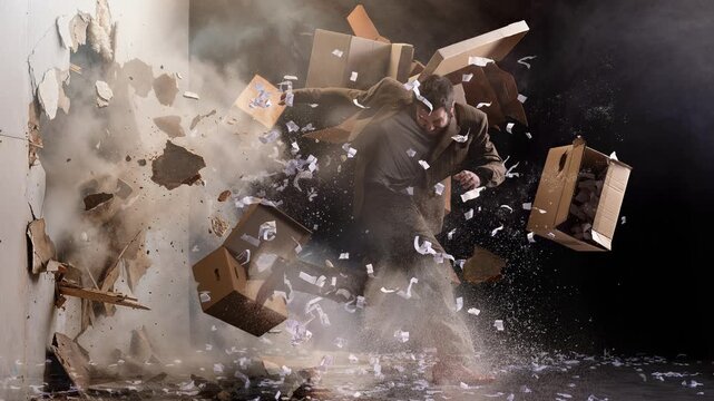 Creative video. Businessman crashing through wall with flying cardboard boxes and papers. Concept of business crisis, job burnout, chaos at work, career pressure, corporate stress and breaking limits.