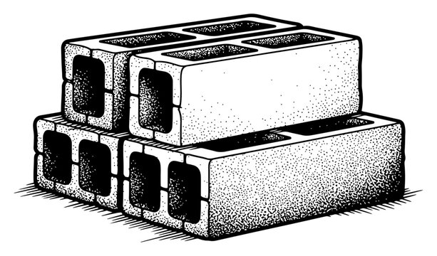 Vintage hand drawn engraving of a stack of hollow concrete building blocks for construction