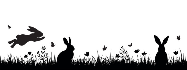 Silhouettes of hares in spring grass with flowers and butterflies, Easter nature border with dynamic hares on a meadow, decorative horizontal background for cards, seasonal design and holiday banners © Liliya