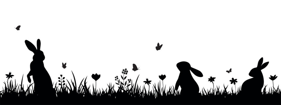Easter bunny silhouette border with rabbits in grass, wildflowers and butterflies in spring meadow, decorative horizontal nature background for greeting cards, holiday design and seasonal banners