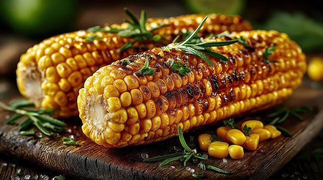 Macro photography of hot boiled sweet corn on the cob with sea salt, melted butter and herbs on dark wooden board. Rustic moody food background, healthy vegan summer meal concept