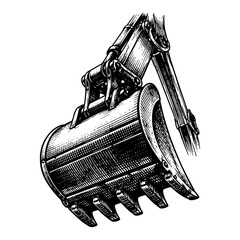 Heavy duty excavator bucket for construction and digging tasks in vintage woodcut style © AnjaliDesai