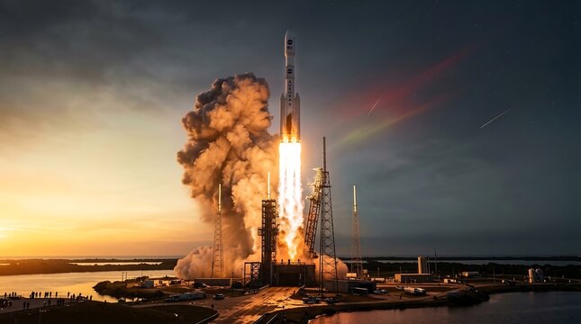 Rocket launch at sunset with smoke and flames 1