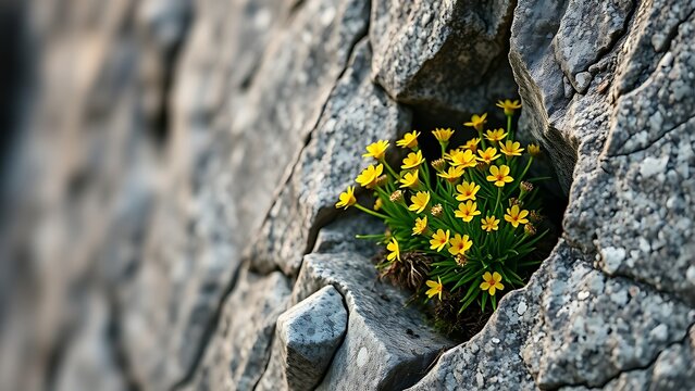 rhodiola. Rhodiola plants with yellow flowers growing from a crack in high-altitude granite. gardening catalogs, home-decor guides, designed for gardening and botanical catalogs.