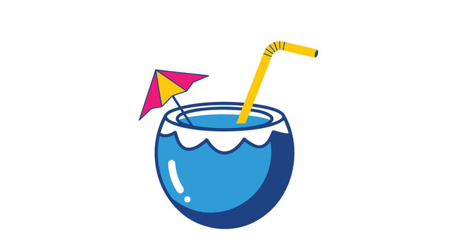 Vector illustration of blue cocktail with umbrella and straw