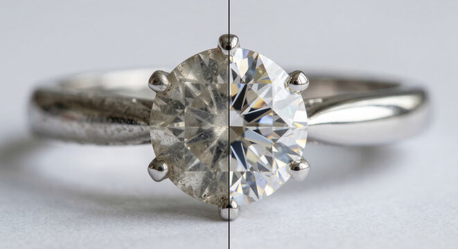 Diamond Engagement Ring Before and After Professional Cleaning and Polishing