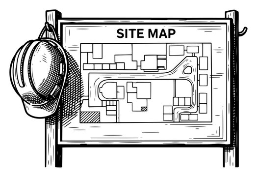 Vintage hand drawn engraving of a construction site map board with a hanging safety hard hat
