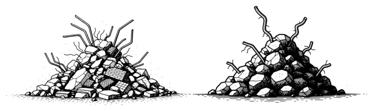 Vintage hand drawn engraving of construction rubble and debris piles with rebar and broken concrete