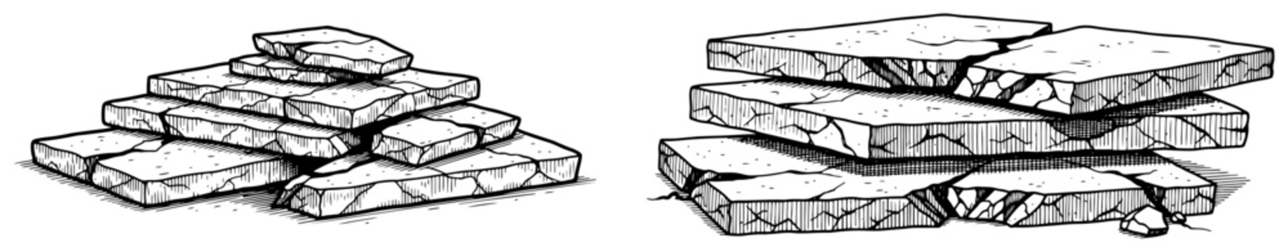 Vintage hand drawn engraving of stacked concrete slabs and broken paving stones for construction