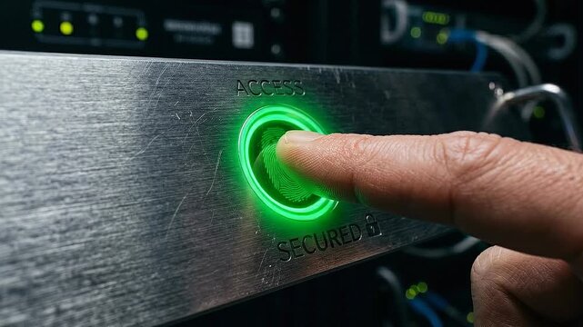 Ethical ai governance secure server access button pressed by finger glowing green ring indicating protected authentication and compliance secured