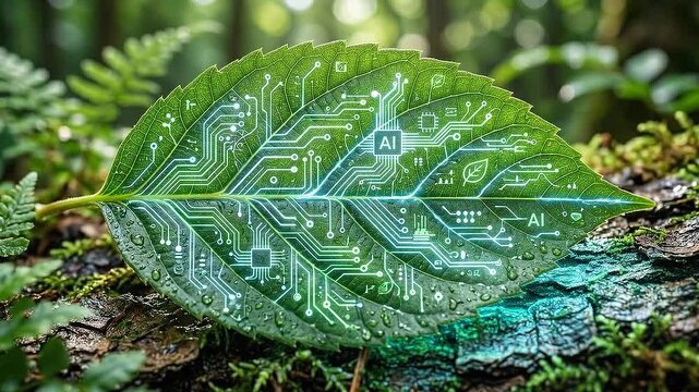 Ethical ai governance concept leaf with circuit pattern glowing wet forest floor conveying sustainable technology and responsible innovation inspires