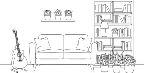 Line of a living room with a couch guitar bookshelf and plants line living room © MSTSHARMIN