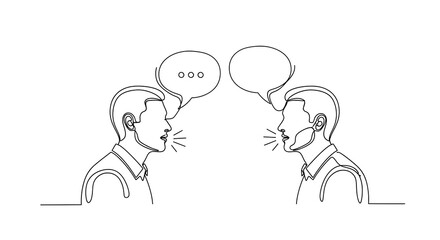 Obraz premium Business conversation, communication concept, two men talking, speech bubbles, line art illustration