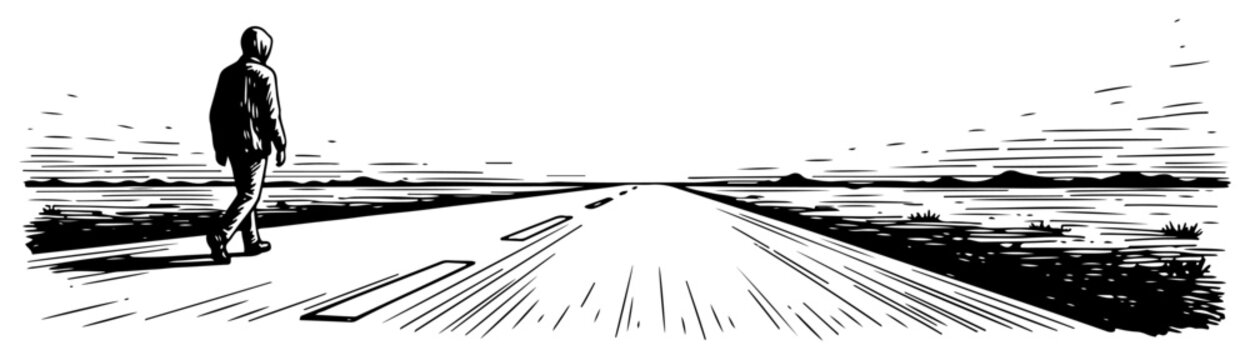Vintage hand drawn engraving of a lonely man walking along an endless road in perspective view