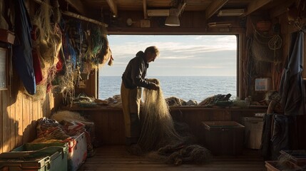 Obraz premium tackle. Fisherman organizing nets in a rustic boat cabin with a calm sea view. gardening catalogs, home-decor guides, designed for home decor and floral branding, used by photographers.