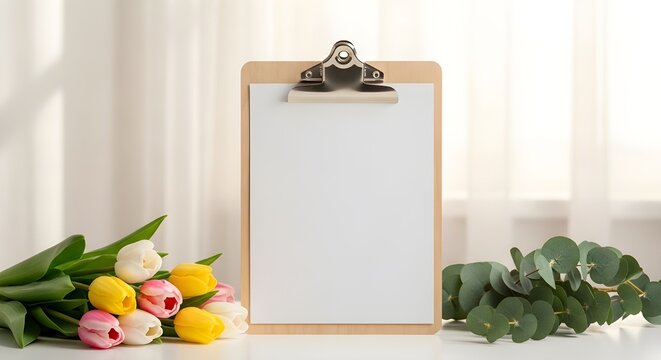 A blank clipboard with flowers and greenery on a white surface near a window