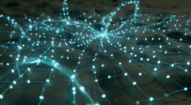 Bright blue lights connected by fine tendrils, radiating from a central point on a dark surface