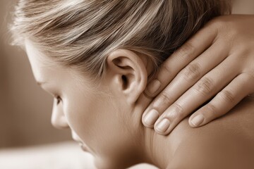 Fototapeta premium Close-up of a relaxing neck massage for a fair-skinned woman with blond hair, focusing on stress relief and wellness in a spa setting, under soft lighting.