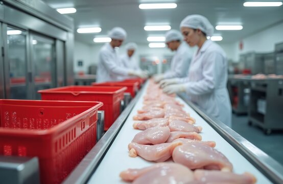 Workers in sterile suits sort chicken pieces on a modern conveyor belt. Raw poultry fillets move along automated food production line. Red crates wait for product.