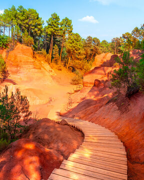 Roussillon, red rocks of Colorado colorful ochre canyon in Provence, landscape of France