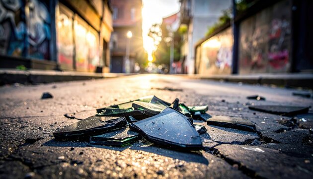 Sharp Jagged Shards of Dark Broken Glass Scattered on a Cracked Urban Street Pavement in Sunlight