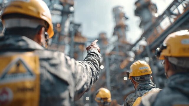 Industry Professionals at Work: A group of construction workers, wearing safety gear, collaborates on-site. Captured from a rear perspective, emphasizing the collaborative work environment.