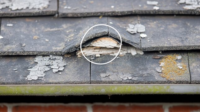 Damaged roof tiles with exposed wooden structure
