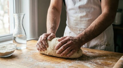 Fototapeta premium Skilled baker shaping bread dough by hand on a floured wooden table near a sunny window, preparing homemade artisan loaf in a warm, rustic kitchen atmosphere, close up of hands and texture