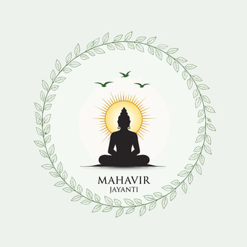 Mahavir Jayanti: Lord Mahavir meditating under sun, surrounded by leaves, birds, and sun rays