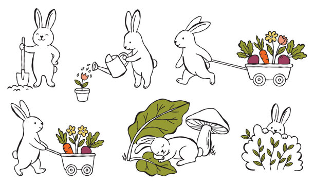 Charming Easter bunnies gardening, harvesting carrots, watering, and sleeping under leaves.
A set of cute character illustrations 
ideal for garden blogs, farm stories, and seasonal designs.