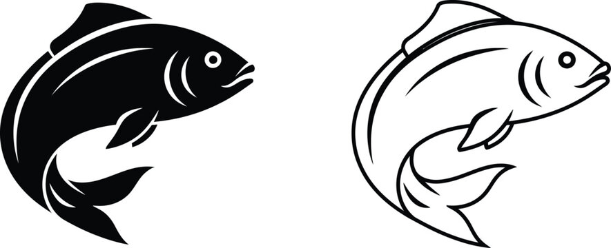 Fish Icon Set Black and White Vector Illustration Vector
