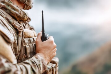 Naklejka premium An army soldier holding a radio in his hand, wearing camouflage uniform and protective gear, with blurred background, ready for duty, communication equipment in hand.