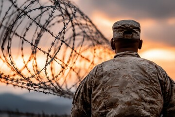 Naklejka premium A soldier in camouflage stands against a barbed wire fence at sunset, embodying duty and vigilance, with a focus on protection and border security amidst global tensions.
