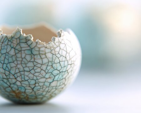 Delicate porcelain eggshell with intricate cracks and soft blue hints is centrally displayed against a simple background promoting texture.