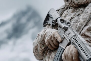 Naklejka premium Close-up of a soldier holding an assault rifle in a snowy, cold, and dangerous environment, ready for combat in the harsh winter conditions. Ready to defend.