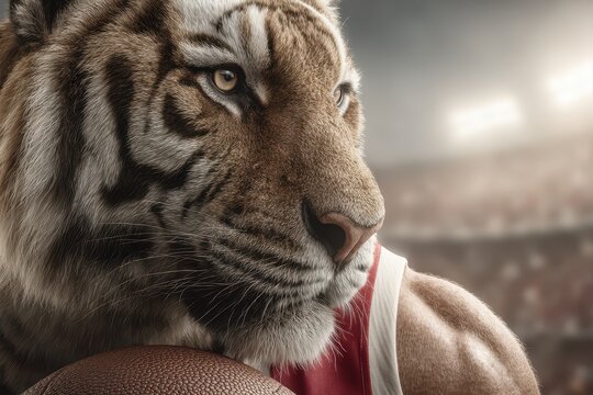 A powerful tiger athlete portrait, wearing a jersey and holding a football, with a determined gaze in stadium setting, blending sports and wildlife artistry, strength.