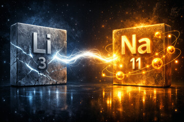 Lithium to sodium energy transition concept Li 3 slab cracked depleted to Na 11 amber pristine sodium ion spheres orbital transfer arc for sodium-ion battery alternative and grid storage innovation